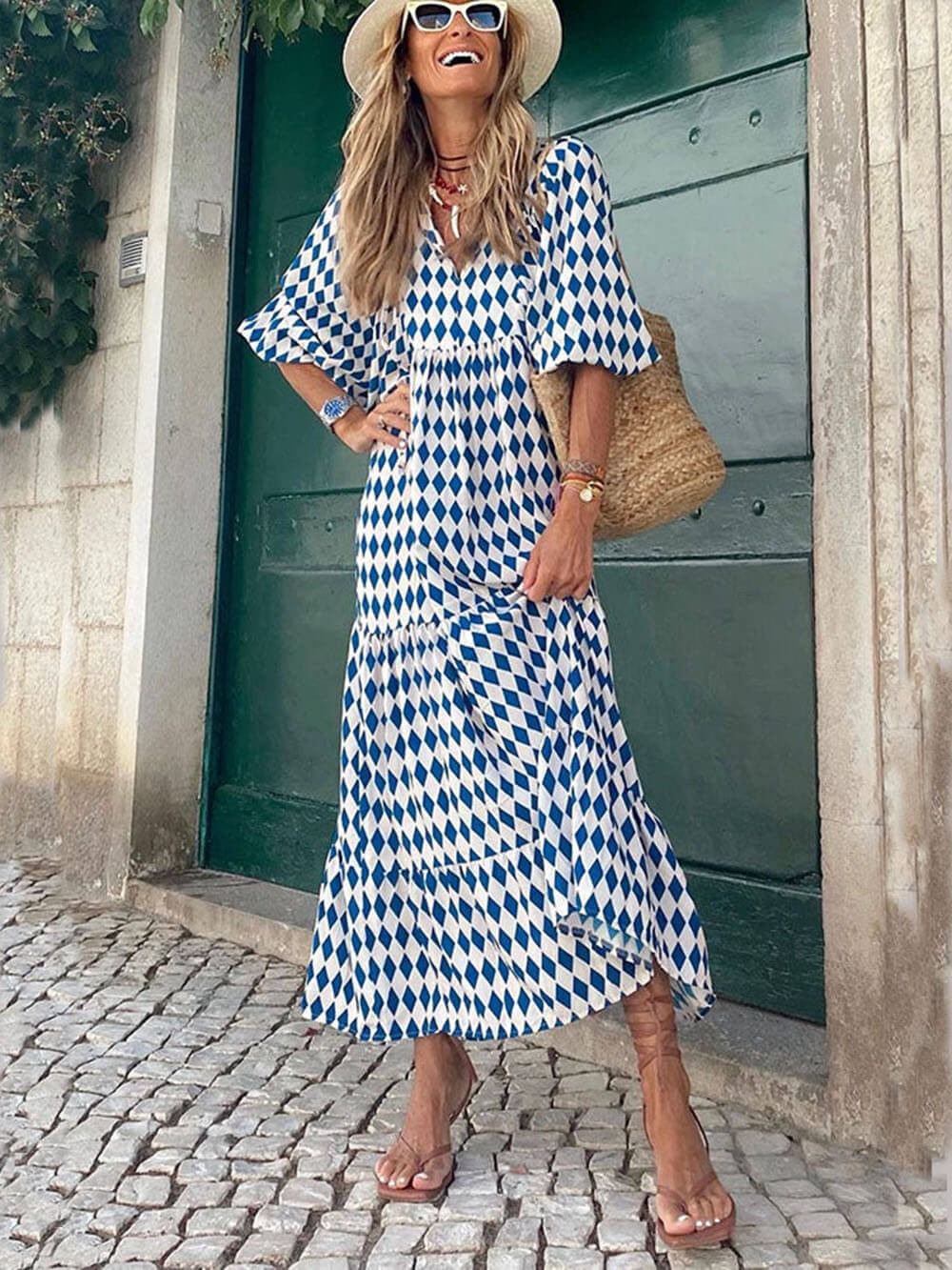 Zélie - Robe Maxi Élégante à Jupe Ample avec 5 Imprimés Géométriques Bohèmes et Couleurs Vives