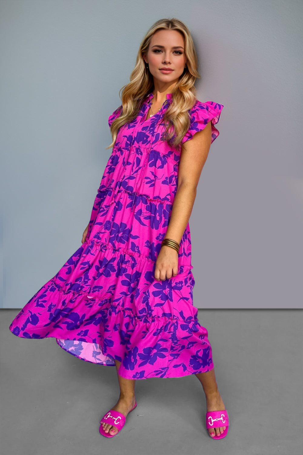 Marie - Robe Midi à Manches Chauve Souris et Volants avec Imprimé Floral Rose Fuchsia et Violet