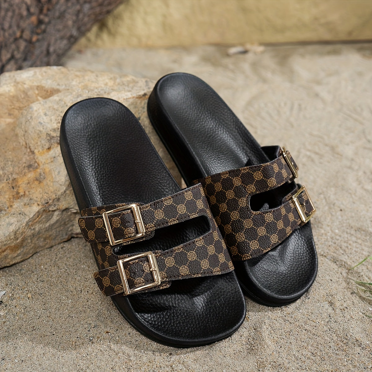 Seren - Sandales Réglables et Tendance Noires avec Motif Marron