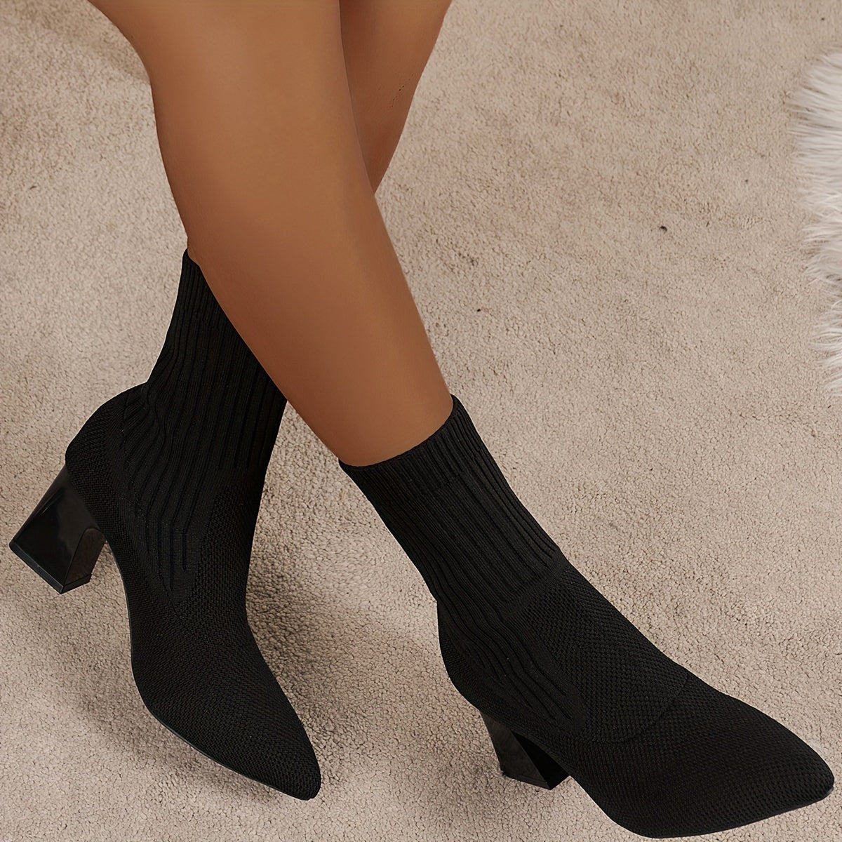 Noémi - Bottines Tricotées Élastiques avec Embout Pointu et Talon Carré