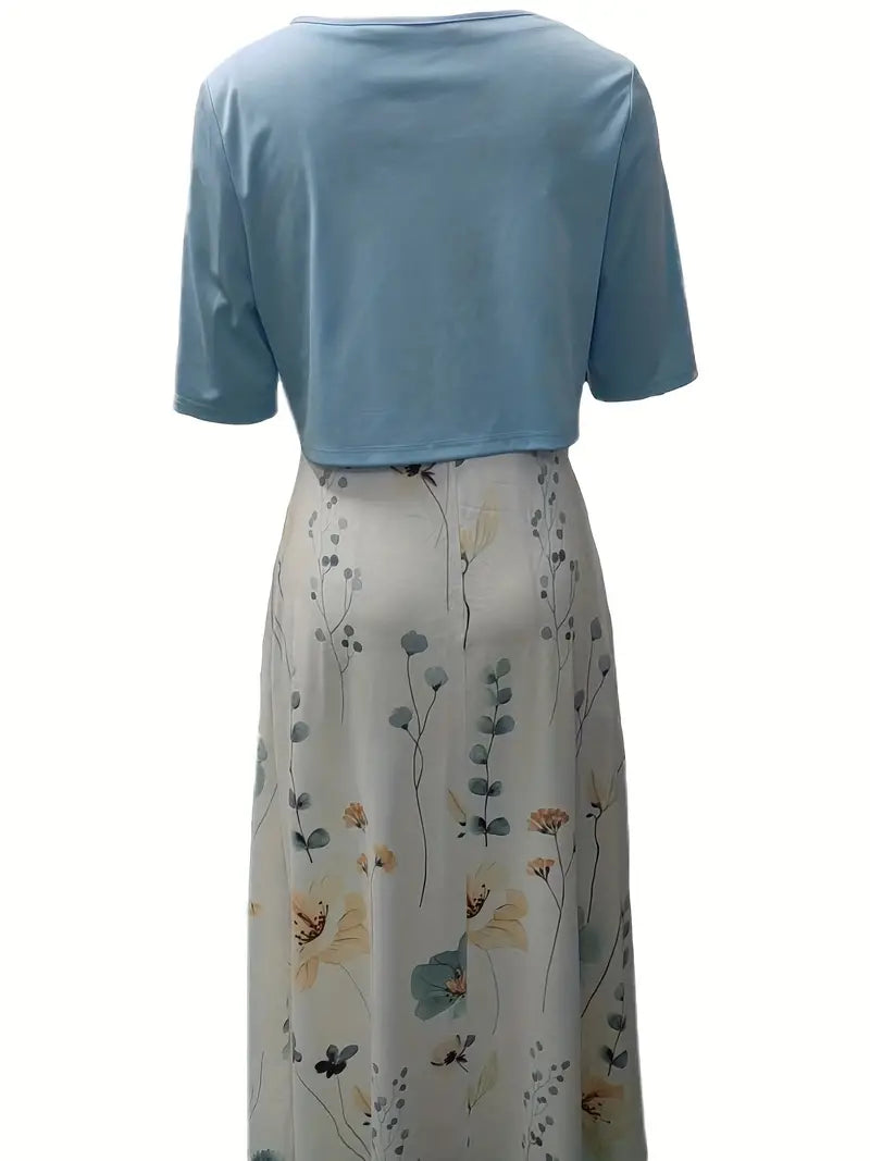 Camélia – Ensemble Deux Pièces Élégant Gilet Uni et Robe à Fleurs avec Encolure Ronde