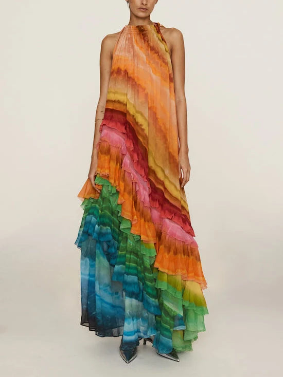 Azalea - Robe Maxi Asymétrique Élégante au Design Magnifique Colorée comme un Arc-en-Ciel avec Volants et Bretelles Halter