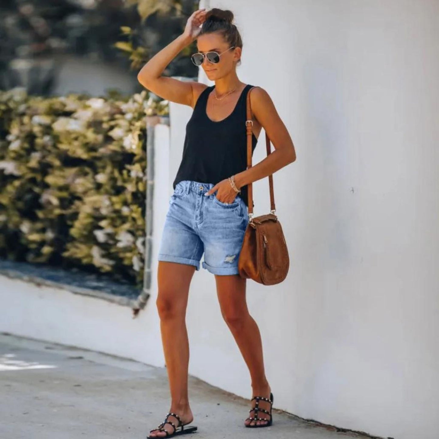 Zélie - Shorts en denim taille haute déchirés