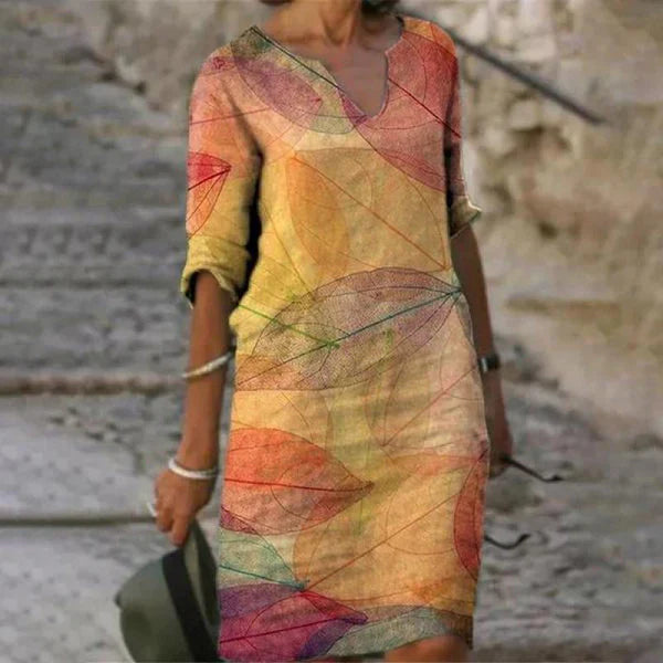 Mia - Robe à Manches Trois-Quarts et Décolleté en V pour le Printemps Jusqu'aux Genoux avec Imprimés Estivaux
