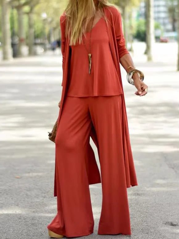 Amelia - Ensemble Estival Trois Pièces en Couleur Unie avec Débardeur à Col en V Long Gilet et Pantalon Large