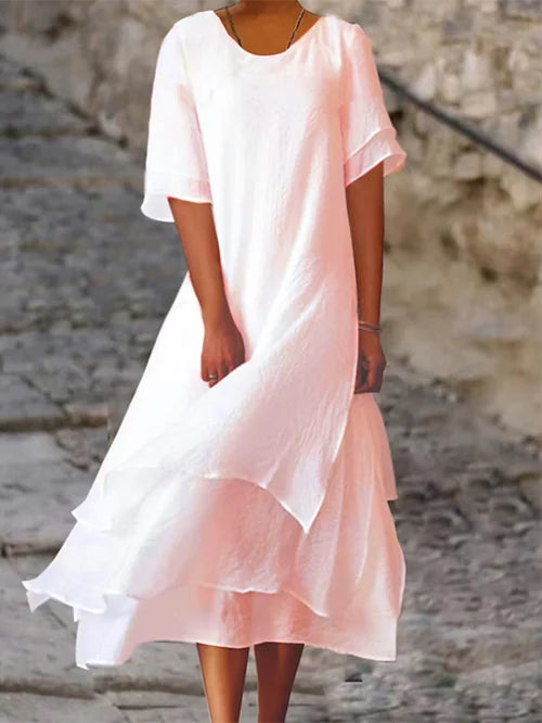 Salomé – Robe ample en coton et lin avec col rond volants et manches mi-longues