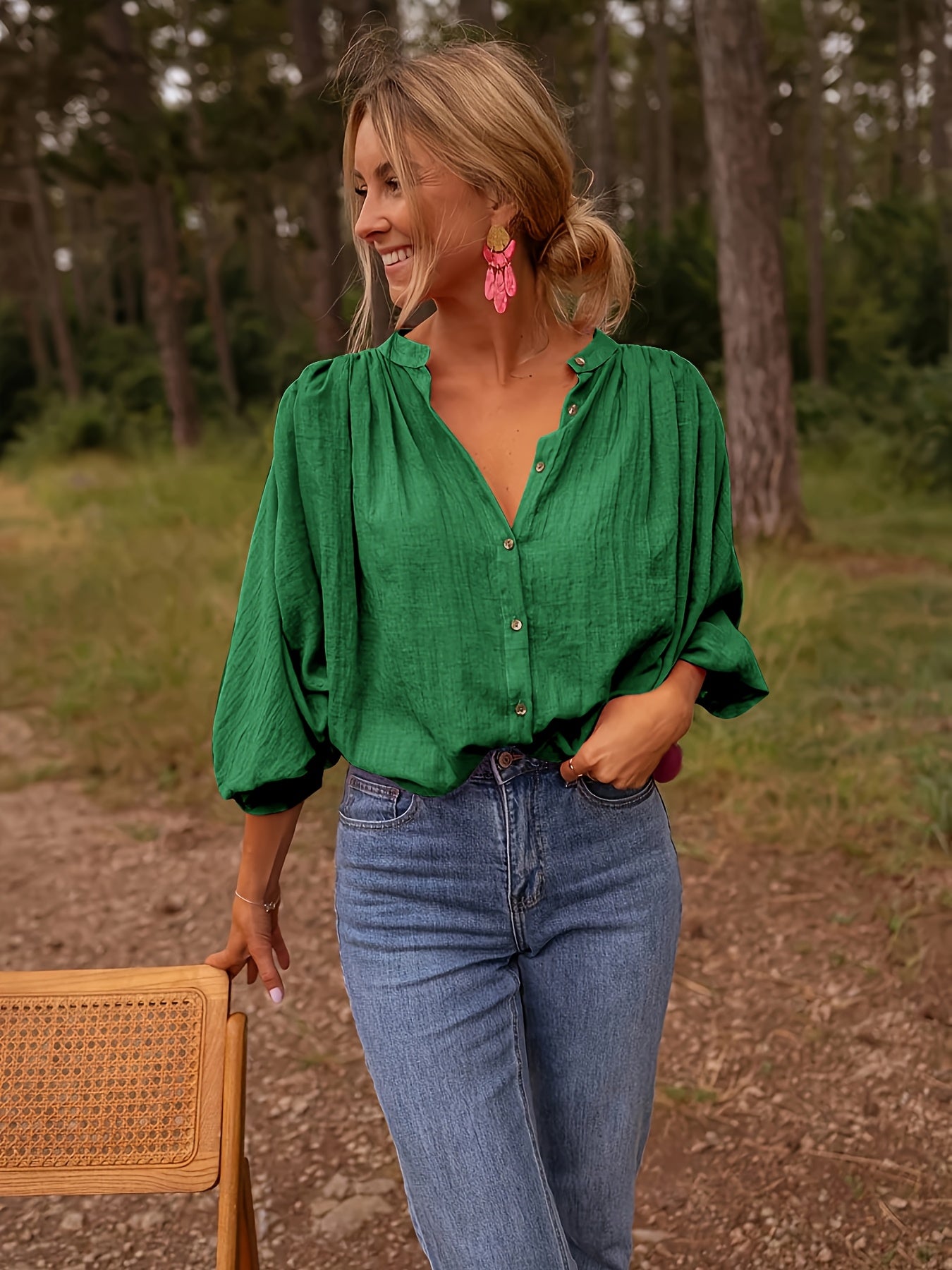Capucine - Haut Large en Lin à Manches Longues avec Boutons