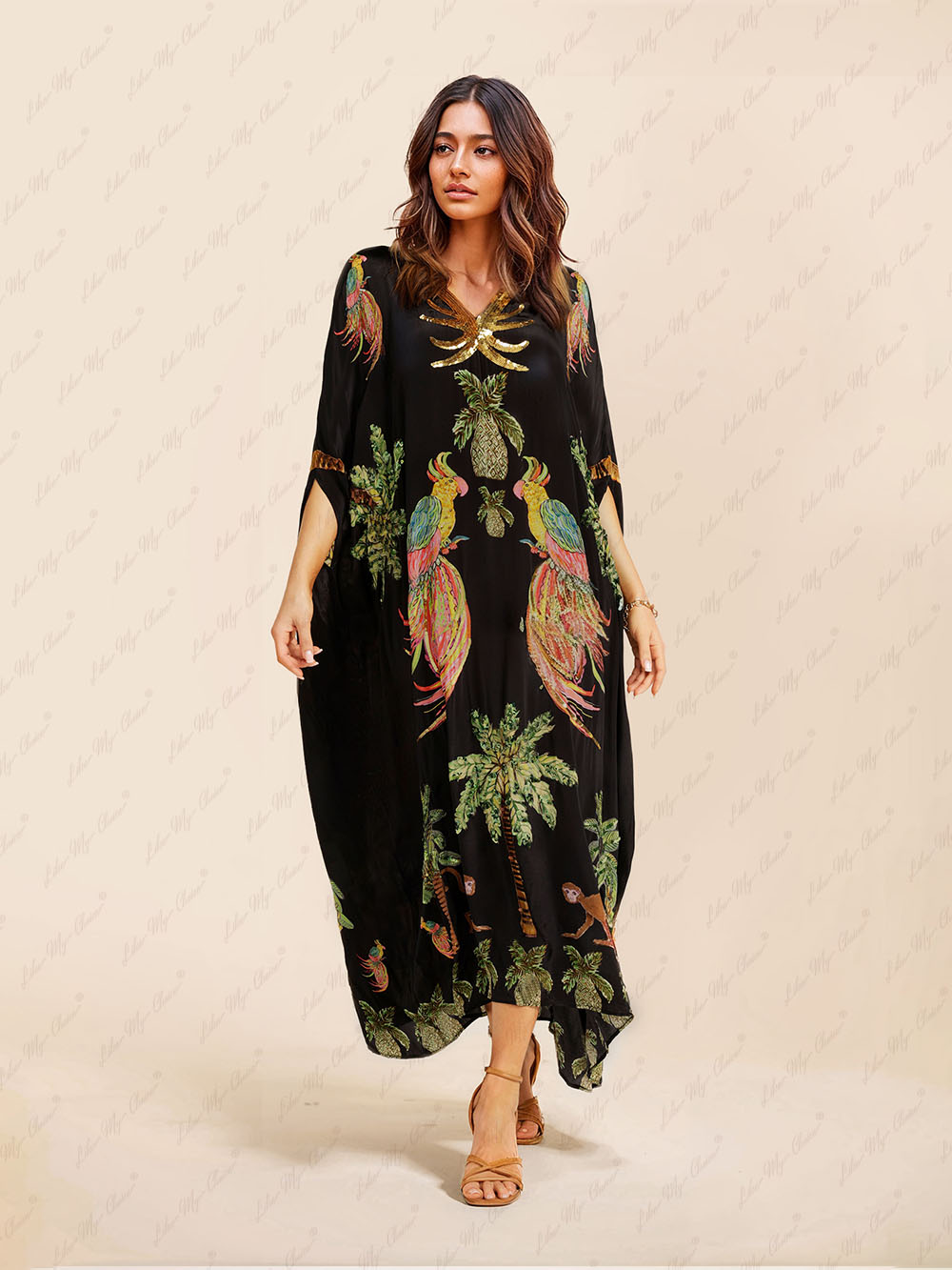 Zora - Élégante Robe Maxi de Plage en Kaftan d'Été avec Imprimé Unique Décolleté en V et Manches Mi-Longues