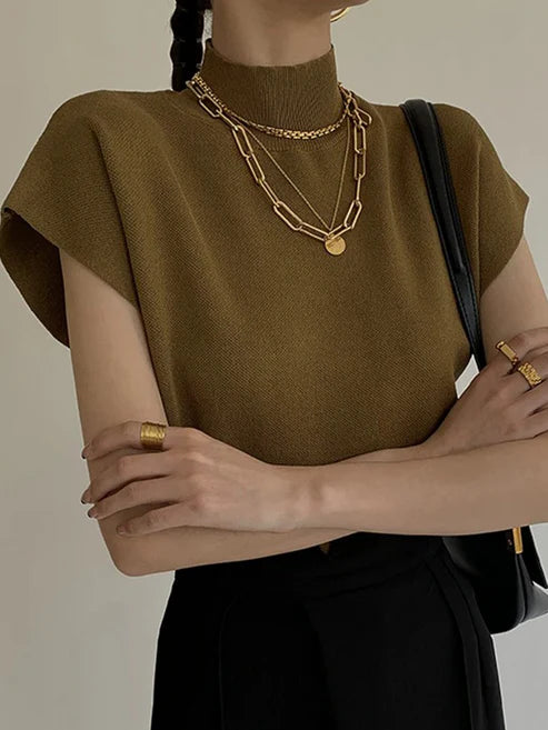 Éloïse - Pull Col Roulé à Manches Courtes pour Femme | Pull Femme | Beige