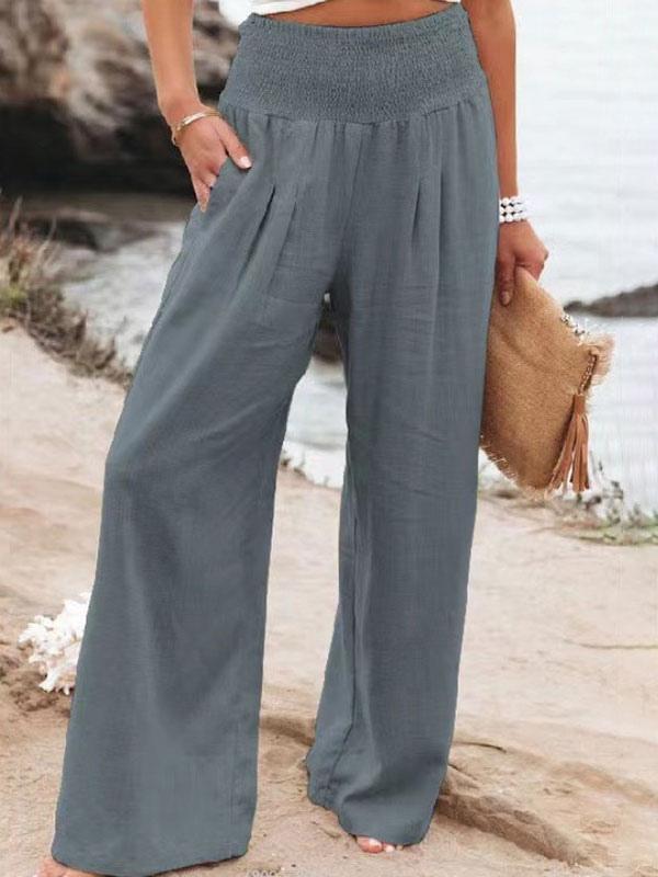 Seraphina - Pantalon d'Été en Lin Khaki avec Taille Élastique Large et Poches