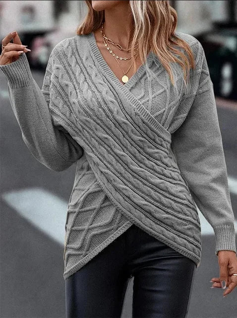 Emmy - Pull en Tricot Torsadé à épaules Tombantes croisé Devant