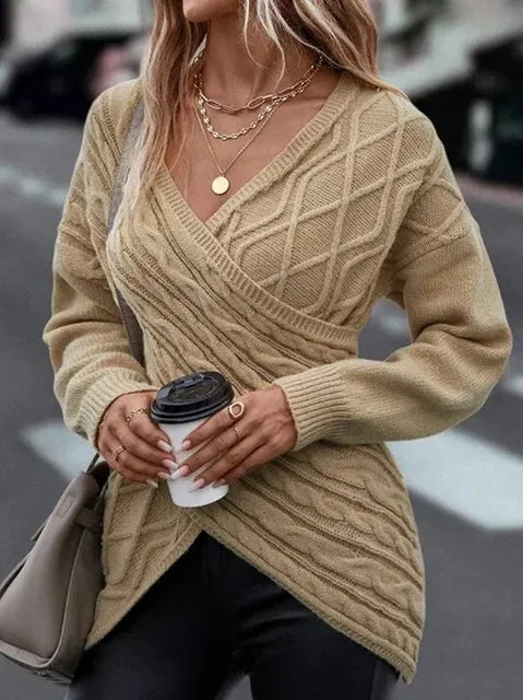 Emmy - Pull en Tricot Torsadé à épaules Tombantes croisé Devant