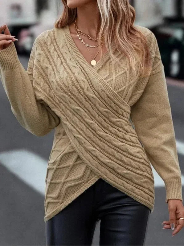 Emmy - Pull en Tricot Torsadé à épaules Tombantes croisé Devant