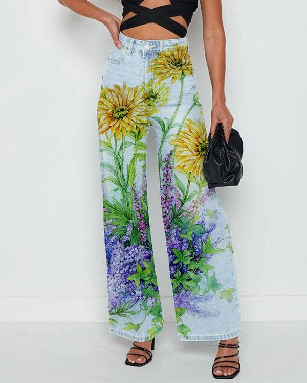 Océane - Jean Large Taille Haute avec Imprimé Fleurs
