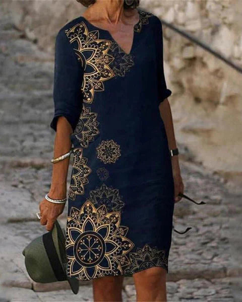 Mia - Robe à Manches Trois-Quarts et Décolleté en V pour le Printemps Jusqu'aux Genoux avec Imprimés Estivaux