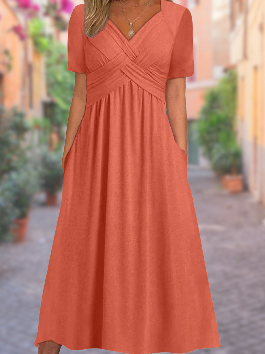 Maëlys – Robe Longue d’Été à Encolure en V Faux Cache-Cœur Manches Courtes et Taille Haute