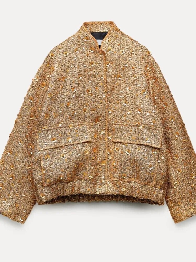 Valerie - Manteau Chic en Paillettes d'or Pour un Glamour Sans Faille