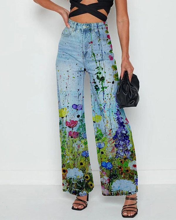 Océane - Jean Large Taille Haute avec Imprimé Fleurs