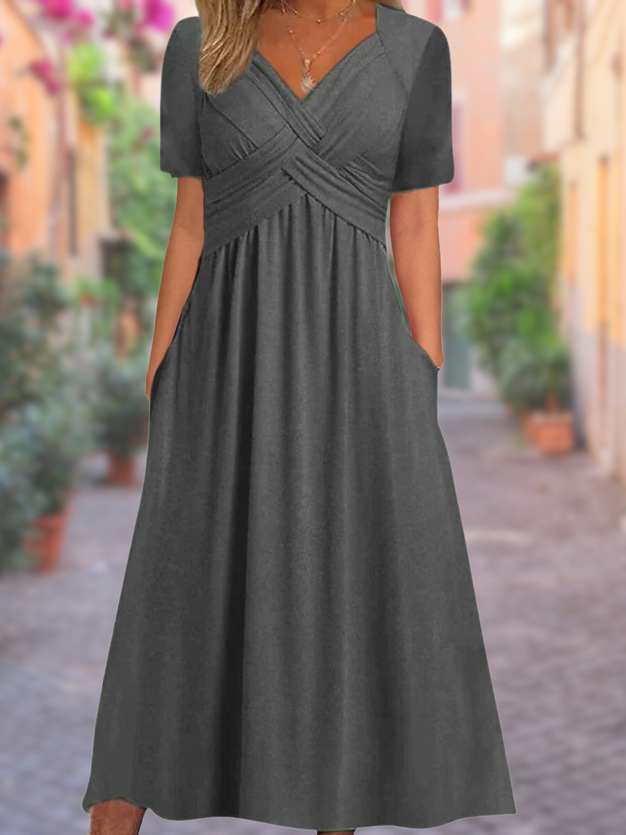 Maëlys – Robe Longue d’Été à Encolure en V Faux Cache-Cœur Manches Courtes et Taille Haute