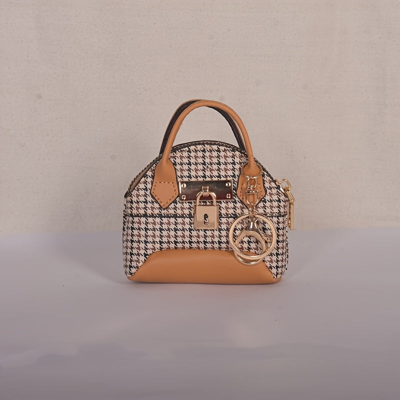 Lyra - Mini sac à main détaillé, porte-monnaie et porte-clés avec fermoir en cuir végétalien et imprimé pied-de-poule