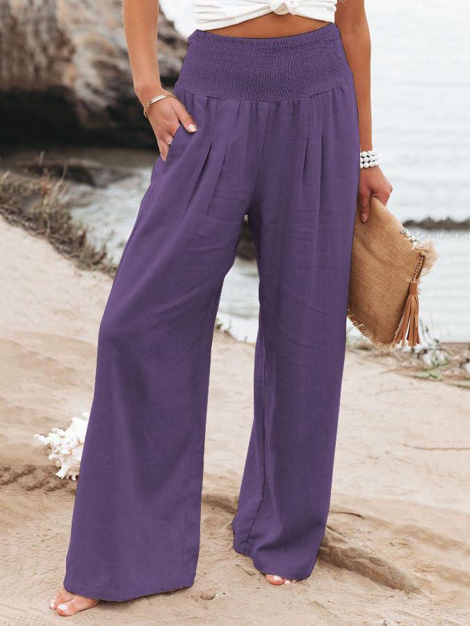 Seraphina - Pantalon d'Été en Lin Khaki avec Taille Élastique Large et Poches