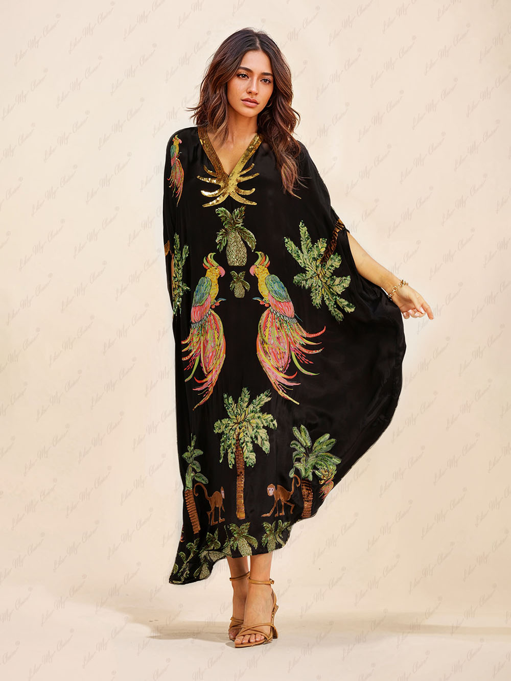 Zora - Élégante Robe Maxi de Plage en Kaftan d'Été avec Imprimé Unique Décolleté en V et Manches Mi-Longues