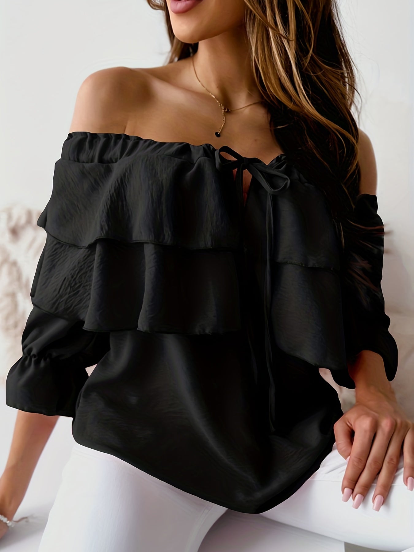 Solène - Top en Chiffon à Épaules Nues avec Manches Mi-Longues