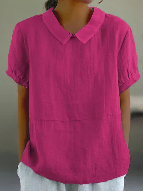 Livia – Haut Classique en Coton et Lin Uni avec Col et Manches Courtes