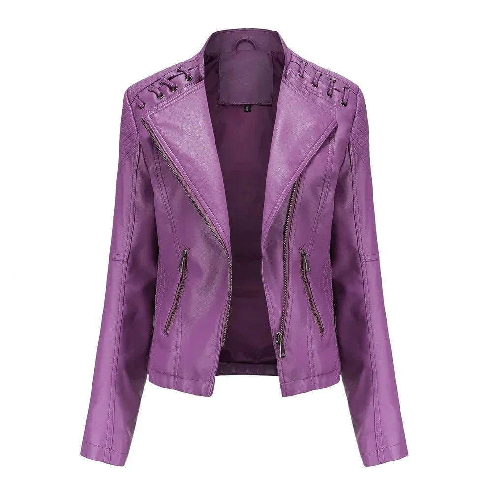 Meena - Veste en cuir biker avec détails en dentelle
