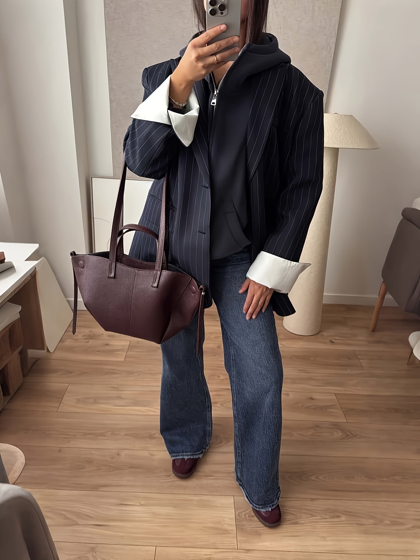 Alixane - Blazer Oversize Rayé Bleu Foncé pour Femme avec Boutons – Veste de Printemps