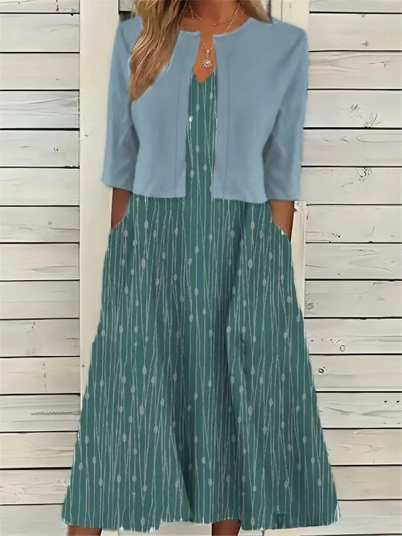 Camélia – Ensemble Deux Pièces Élégant Gilet Uni et Robe à Fleurs avec Encolure Ronde