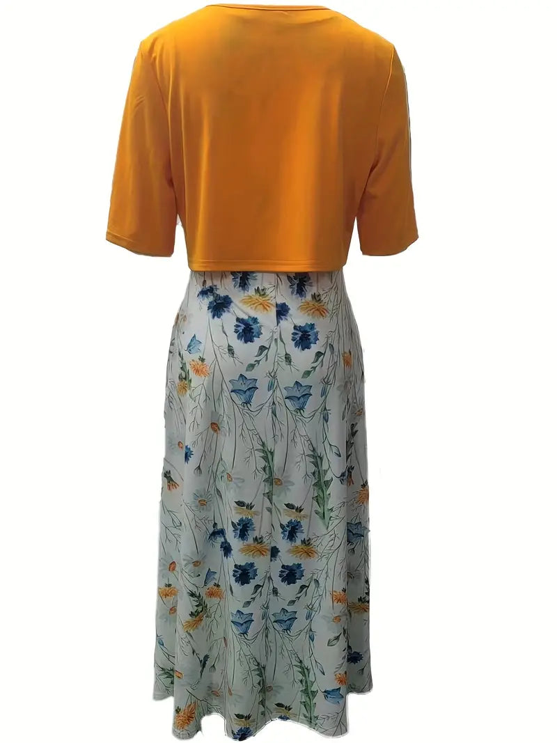 Camélia – Ensemble Deux Pièces Élégant Gilet Uni et Robe à Fleurs avec Encolure Ronde