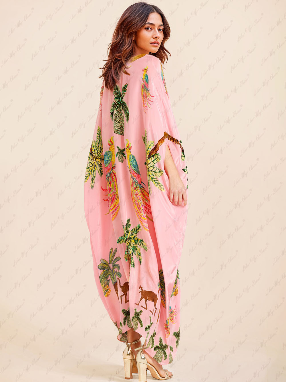 Zora - Élégante Robe Maxi de Plage en Kaftan d'Été avec Imprimé Unique Décolleté en V et Manches Mi-Longues