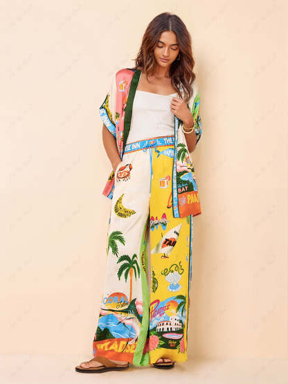 Elowen - Ensemble à Deux Pièces au Style Estival avec Pantalon Imprimé Plage ensoleillée et Chemise
