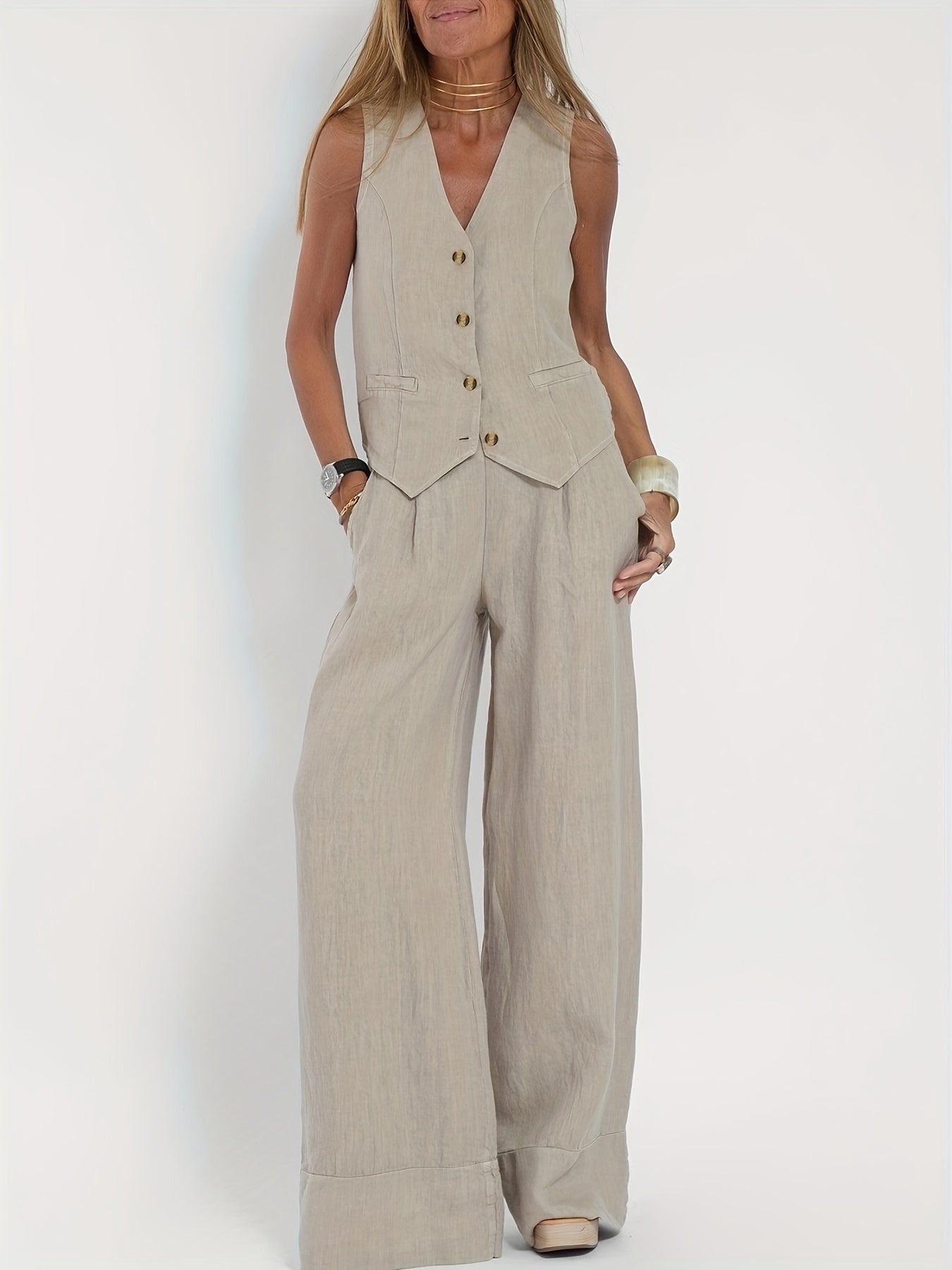 Bérénice - Ensemble deux pièces pour femme composé d'une veste et d'un pantalon large, 100 % lin, beige