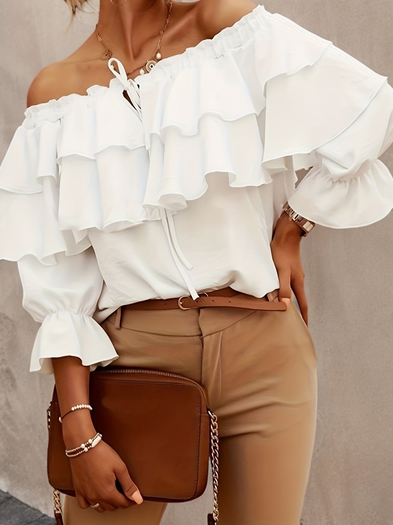 Solène - Top en Chiffon à Épaules Nues avec Manches Mi-Longues