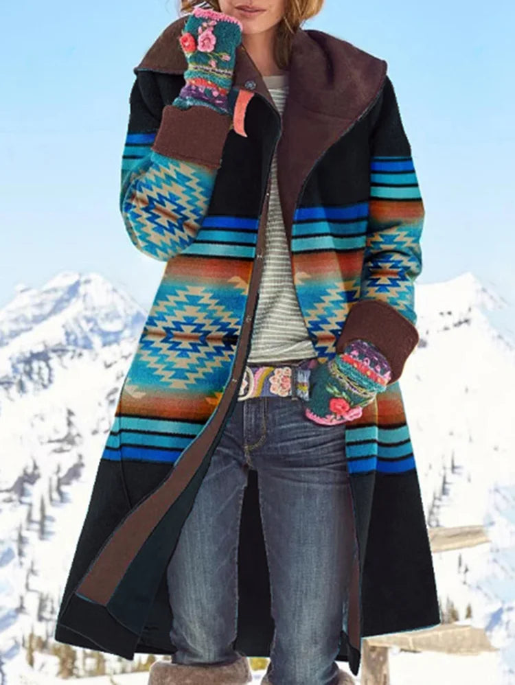 Emily - Manteau en laine imprimé bohémien avec capuche