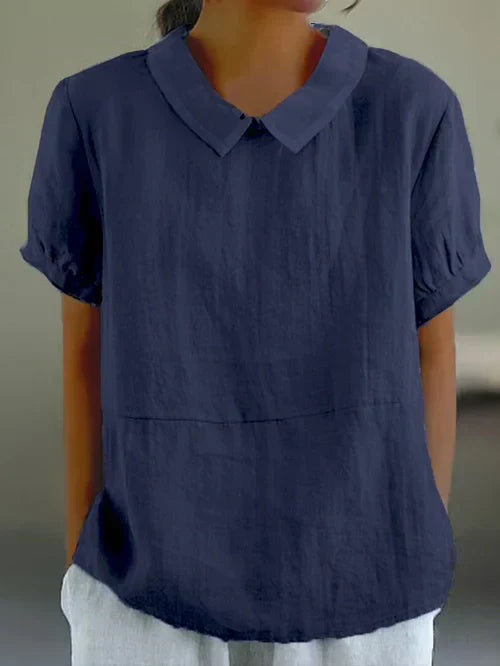 Livia – Haut Classique en Coton et Lin Uni avec Col et Manches Courtes