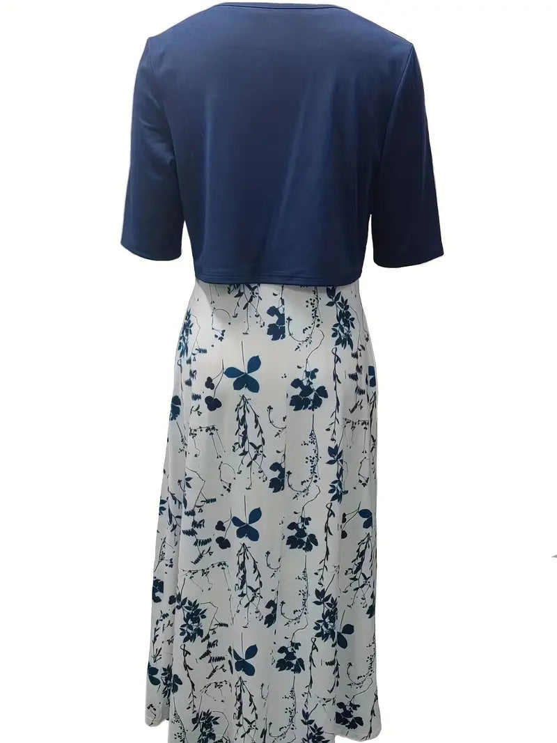 Camélia – Ensemble Deux Pièces Élégant Gilet Uni et Robe à Fleurs avec Encolure Ronde