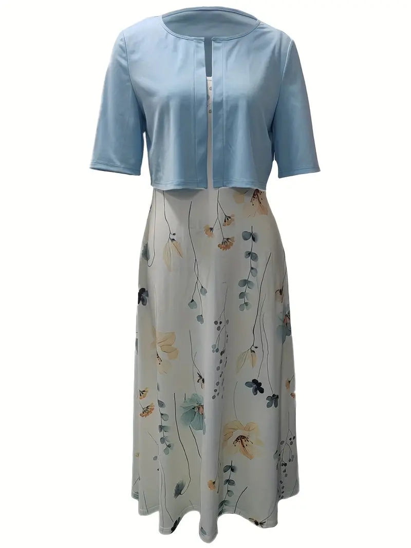 Camélia – Ensemble Deux Pièces Élégant Gilet Uni et Robe à Fleurs avec Encolure Ronde