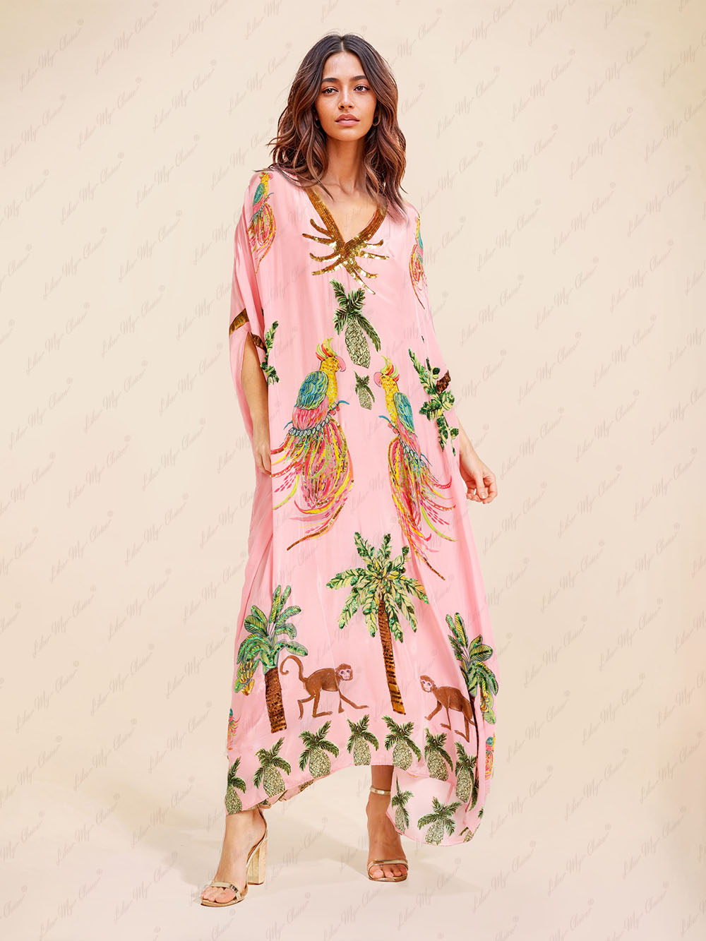 Zora - Élégante Robe Maxi de Plage en Kaftan d'Été avec Imprimé Unique Décolleté en V et Manches Mi-Longues