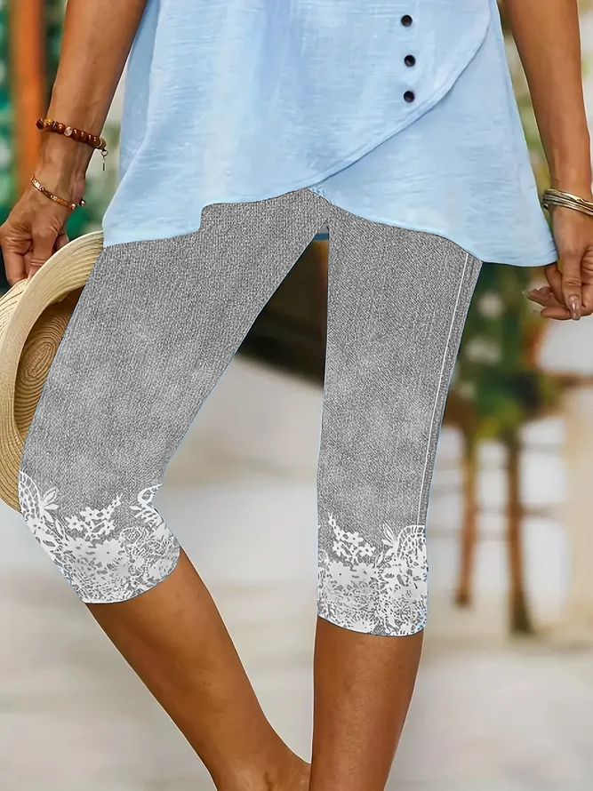 Louna - Legging Capris à Taille Élastique Arrivant Sous le Genou avec Détail de Fleurs en Bas
