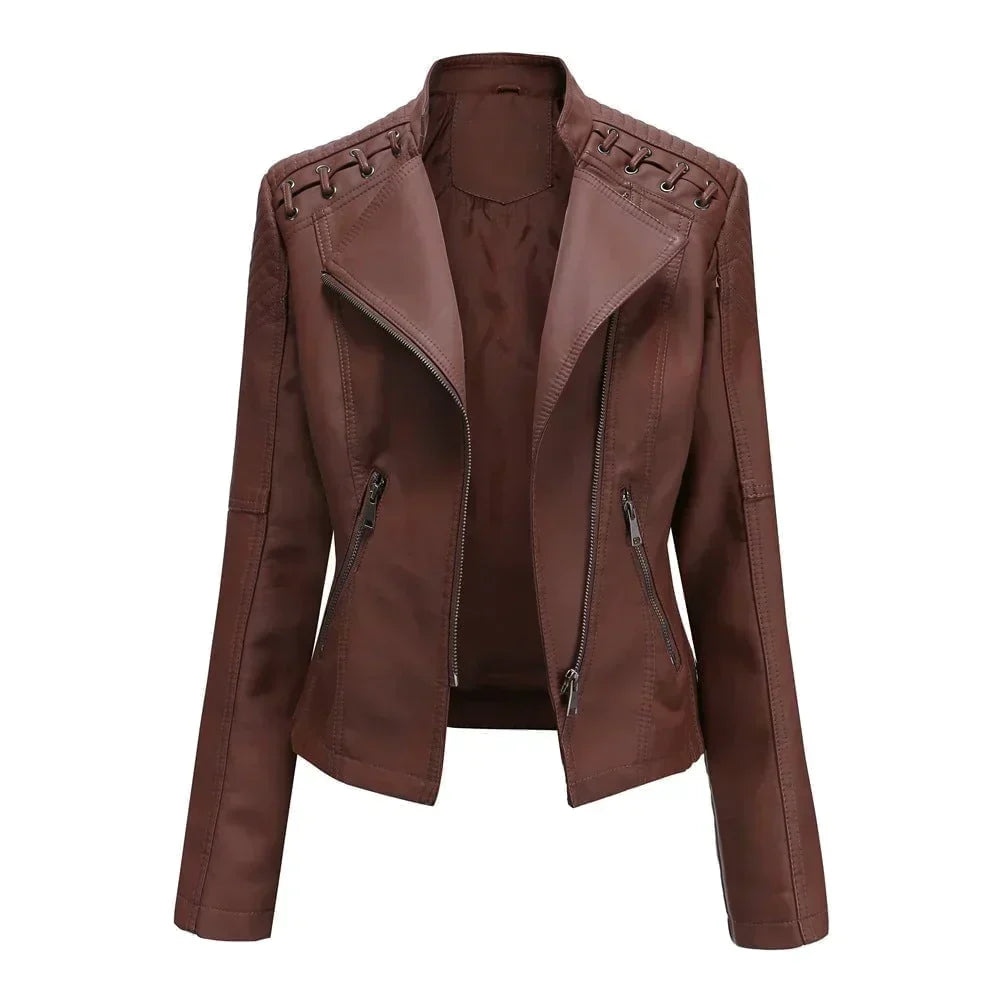 Meena - Veste en cuir biker avec détails en dentelle