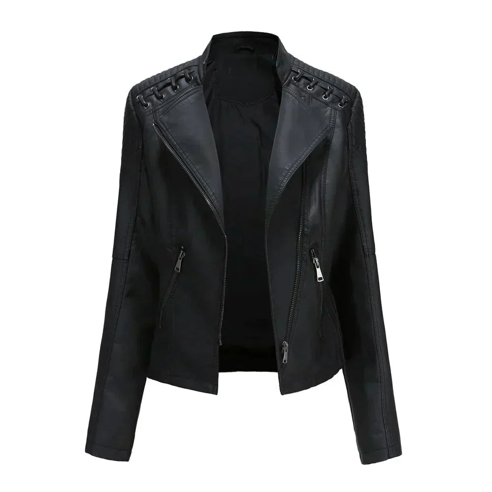 Meena - Veste en cuir biker avec détails en dentelle