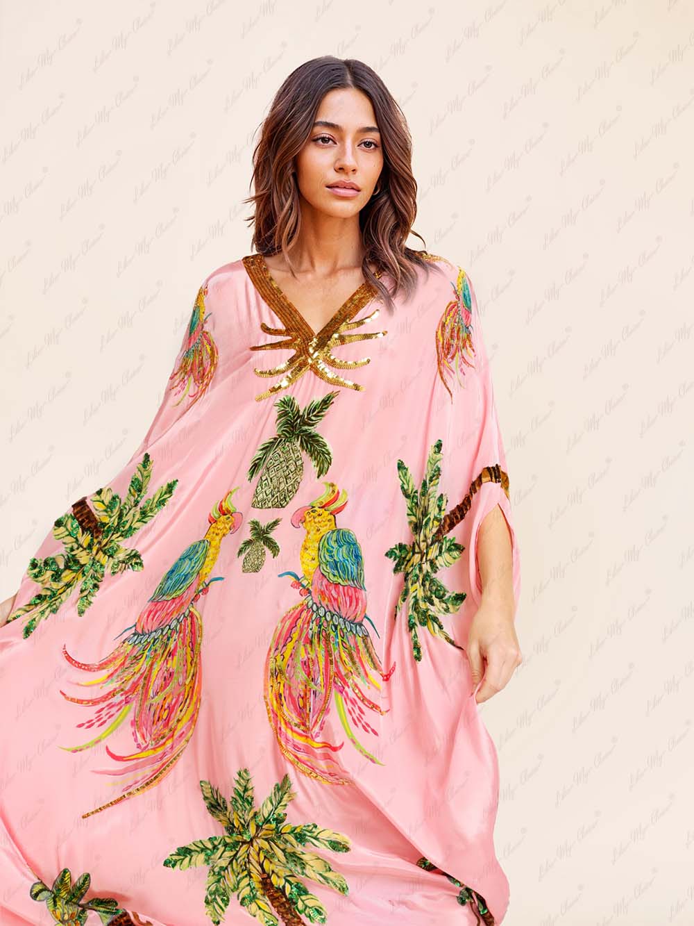 Zora - Élégante Robe Maxi de Plage en Kaftan d'Été avec Imprimé Unique Décolleté en V et Manches Mi-Longues