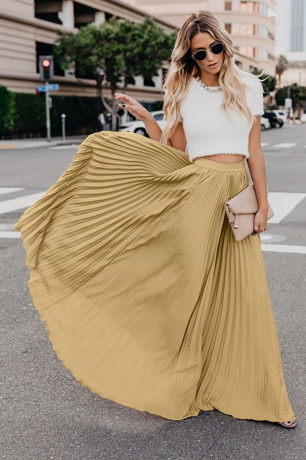 Élise - Jupe longue maxi plissée à taille élastique haute