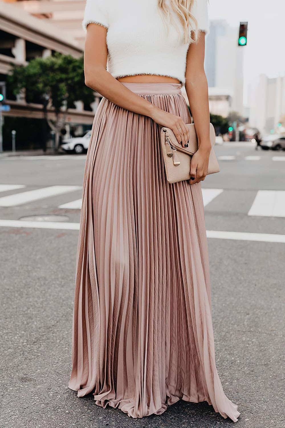 Élise - Jupe longue maxi plissée à taille élastique haute