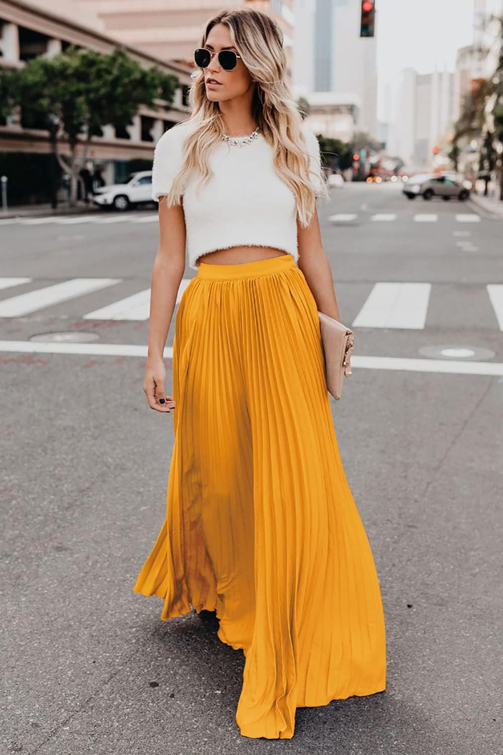 Élise - Jupe longue maxi plissée à taille élastique haute