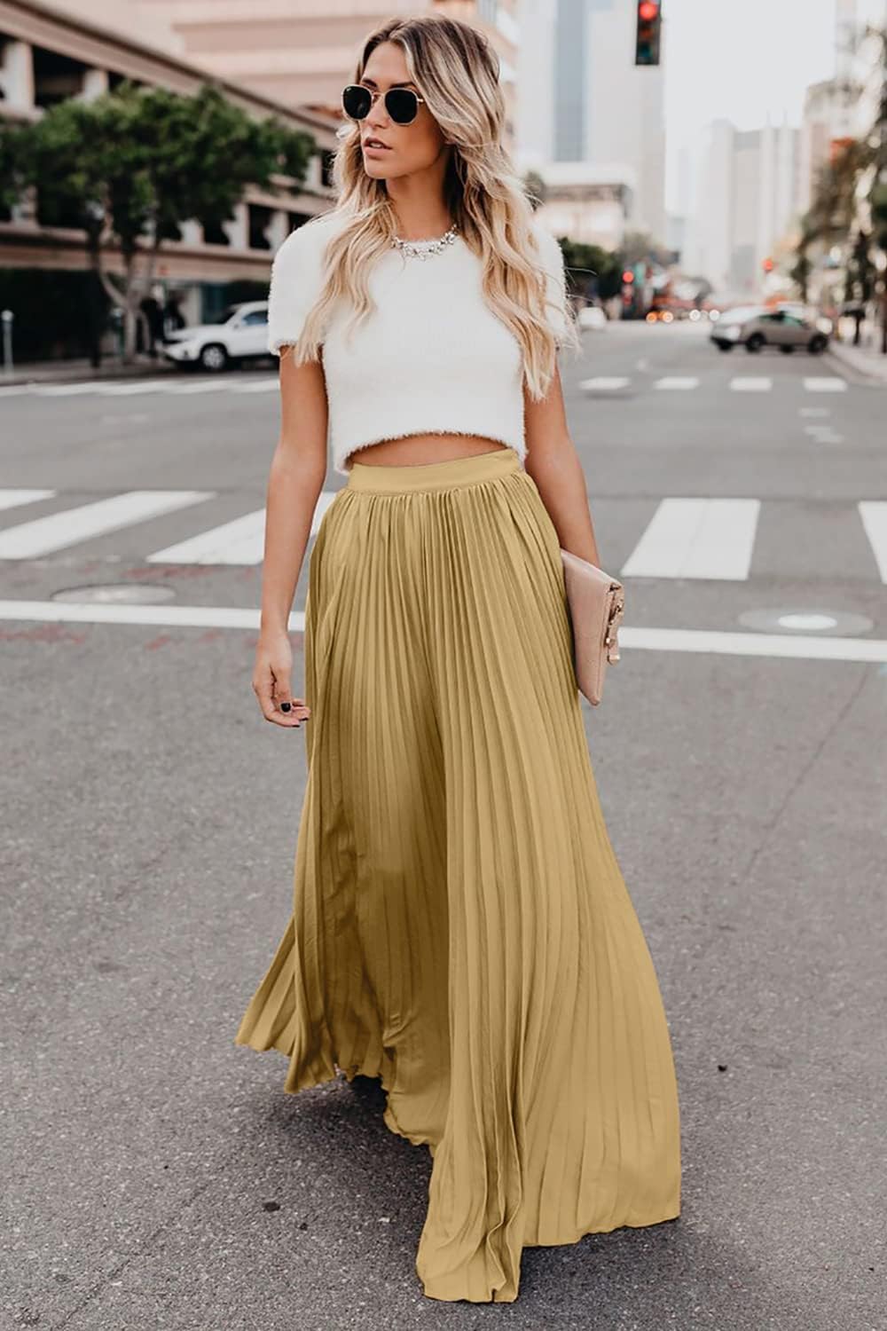 Élise - Jupe longue maxi plissée à taille élastique haute