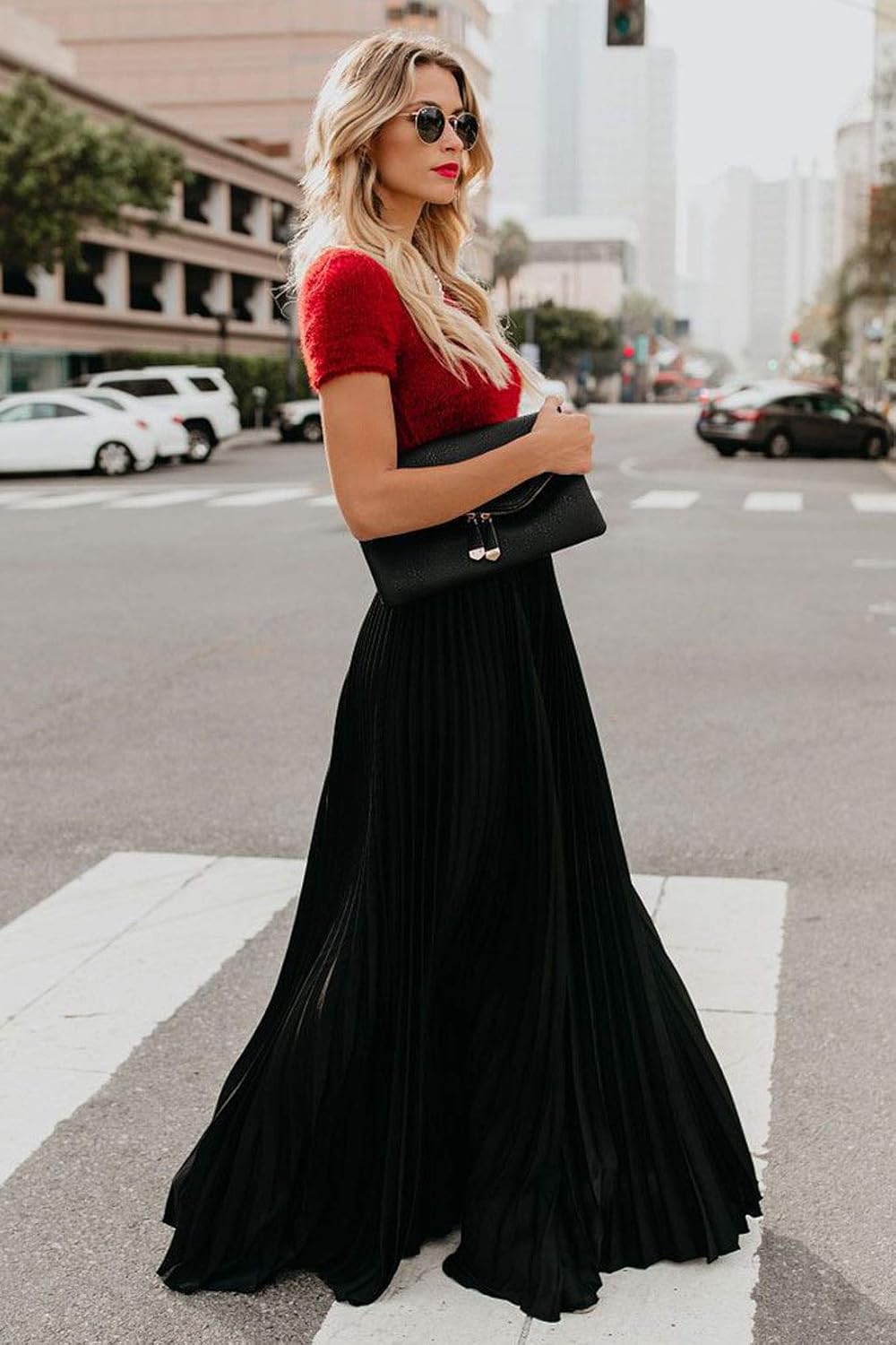 Élise - Jupe longue maxi plissée à taille élastique haute